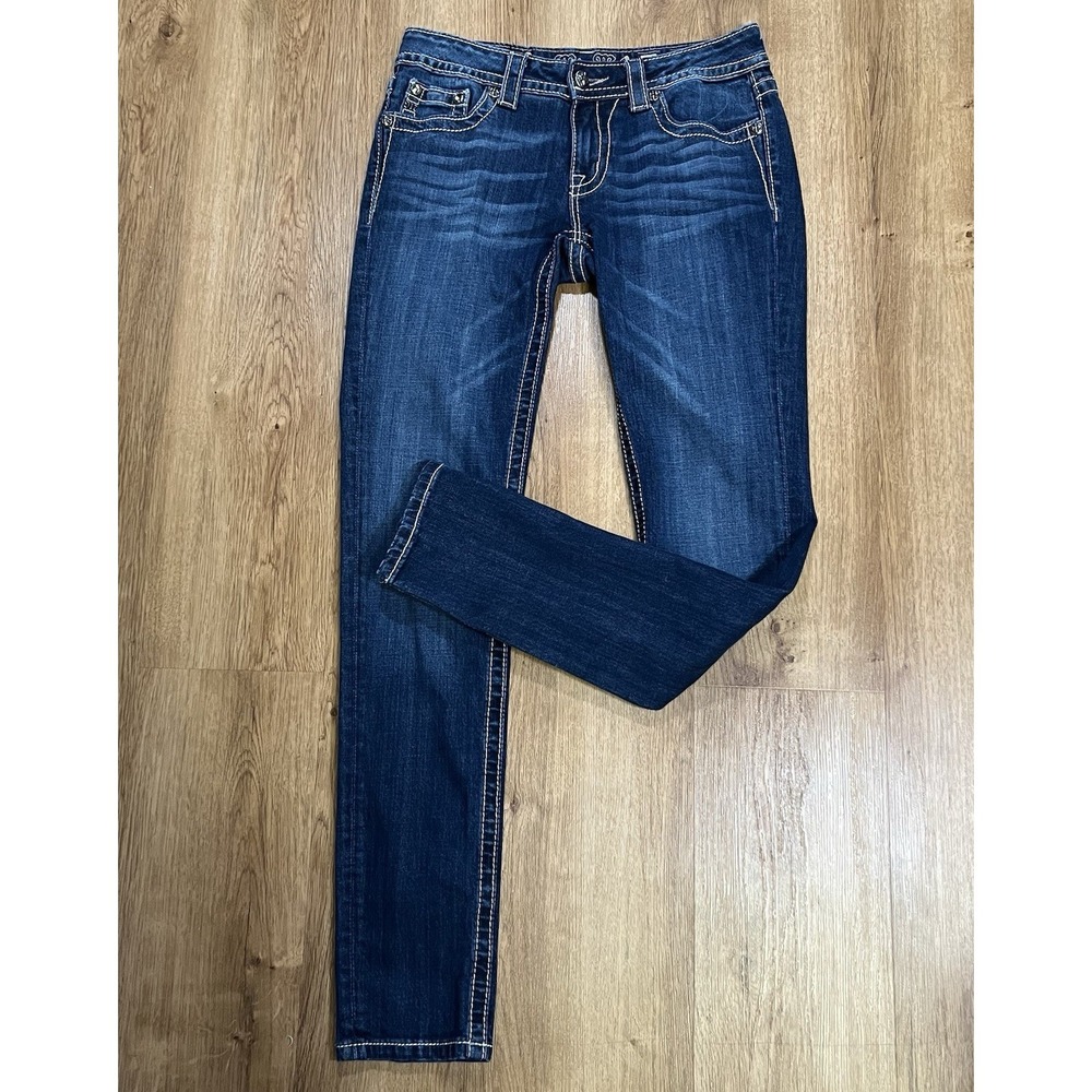 Miss Me Skinny Jeans Womens Sz 28 Dark Wash Embroidered Pocket Mid Rise Stretch